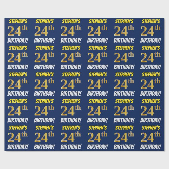 Papier Cadeau Bleu, Faux/Imitation Or, "24e anniversaire" (Plat)