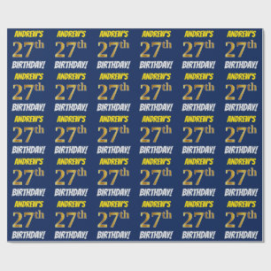 Papier Cadeau Bleu, Faux/Imitation Or, "27ème anniversaire"
