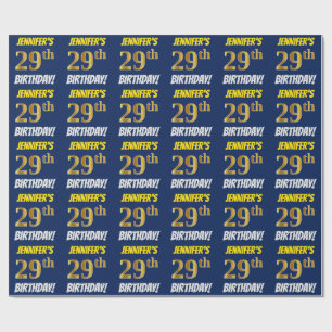 Papier Cadeau Bleu, Faux/Imitation Or, "29e ANNIVERSAIRE"