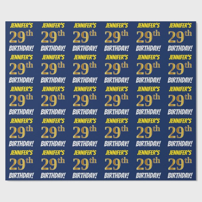 Papier Cadeau Bleu, Faux/Imitation Or, "29e ANNIVERSAIRE" (Plat)