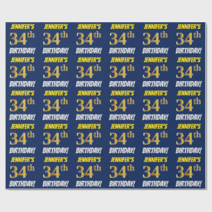 Papier Cadeau Bleu, Faux/Imitation Or, "34e anniversaire"