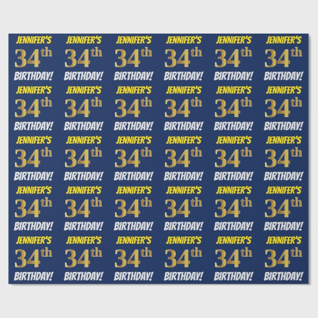 Papier Cadeau Bleu, Faux/Imitation Or, "34e anniversaire" (Plat)
