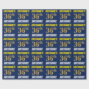 Papier Cadeau Bleu, Faux/Imitation Or, "36e anniversaire"