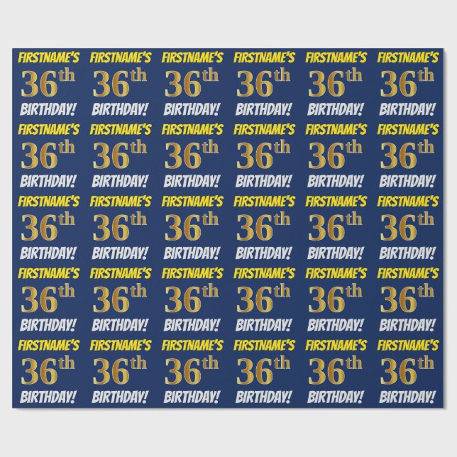 Papier Cadeau Bleu, Faux/Imitation Or, "36e anniversaire" (Plat)