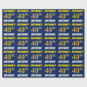 Papier Cadeau Bleu, Faux/Imitation Or, "40e ANNIVERSAIRE"