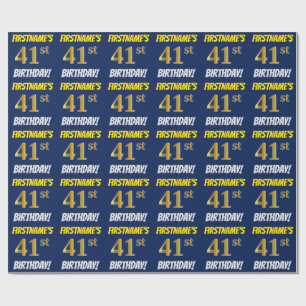 Papier Cadeau Bleu, Faux/Imitation Or, "41e ANNIVERSAIRE"
