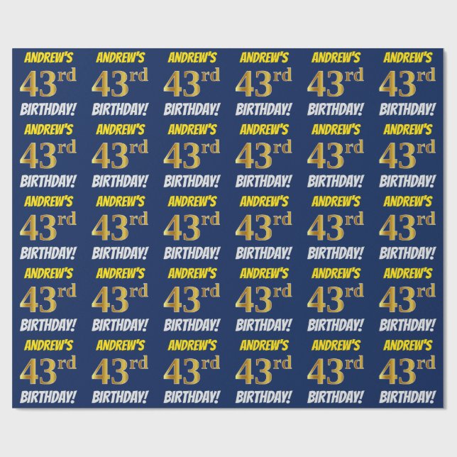 Papier Cadeau Bleu, Faux/Imitation Or, "43e anniversaire" (Plat)
