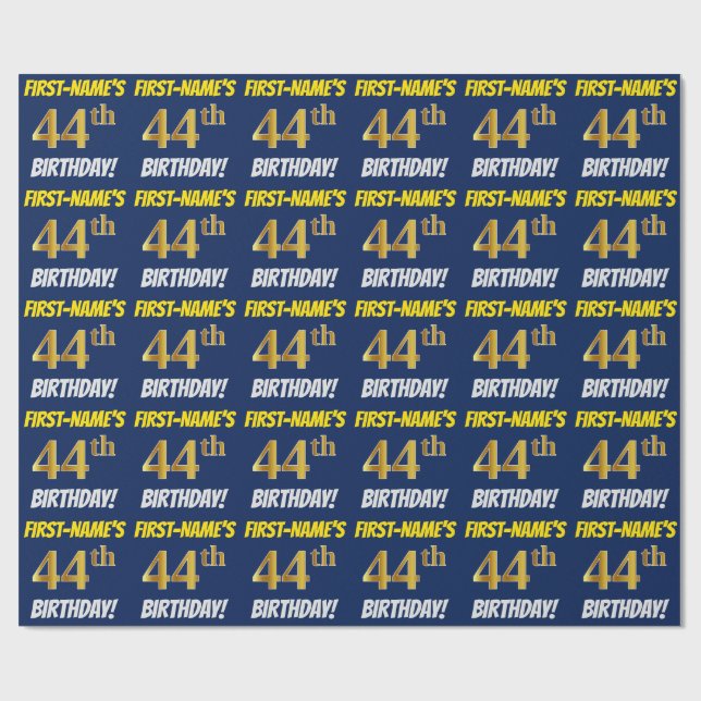 Papier Cadeau Bleu, Faux/Imitation Or, "44e anniversaire" (Plat)