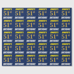 Papier Cadeau Bleu, Faux/Imitation Or, "51e ANNIVERSAIRE"