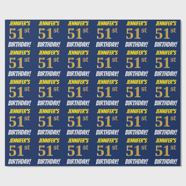 Papier Cadeau Bleu, Faux/Imitation Or, "51e ANNIVERSAIRE" (Plat)