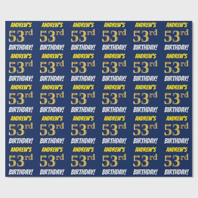 Papier Cadeau Bleu, Faux/Imitation Or, "53e anniversaire" (Plat)
