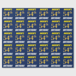 Papier Cadeau Bleu, Faux/Imitation Or, "54e anniversaire"