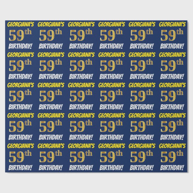 Papier Cadeau Bleu, Faux/Imitation Or, "59e ANNIVERSAIRE" (Plat)