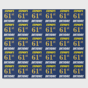 Papier Cadeau Bleu, Faux/Imitation Or, "61e ANNIVERSAIRE"