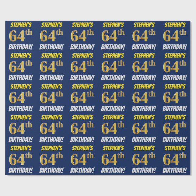 Papier Cadeau Bleu, Faux/Imitation Or, "64e anniversaire" (Plat)