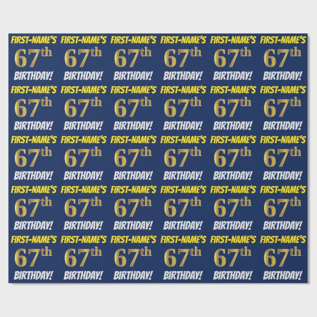 Papier Cadeau Bleu, Faux/Imitation Or, "67e anniversaire" (Plat)