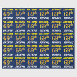 Papier Cadeau Bleu, Faux/Imitation Or, "69e ANNIVERSAIRE"