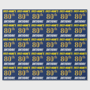 Papier Cadeau Bleu, Faux/Imitation Or, "80e ANNIVERSAIRE"