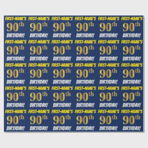 Papier Cadeau Bleu, Faux/Imitation Or, "90e ANNIVERSAIRE"