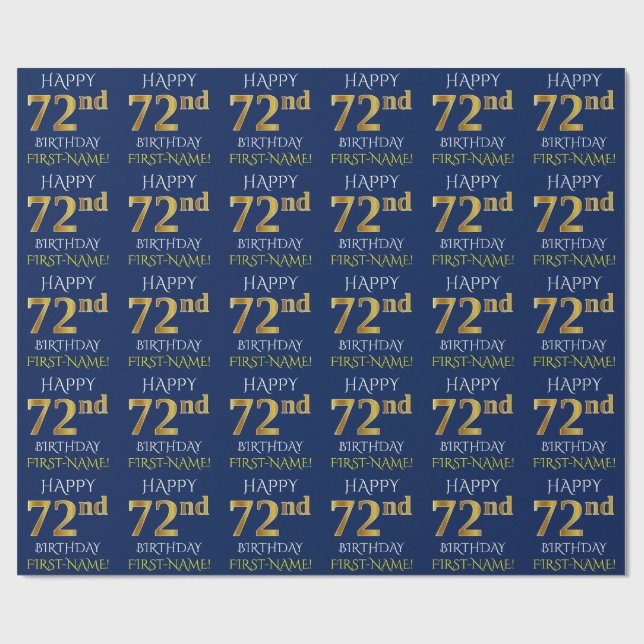 Papier Cadeau Bleu, Faux Or "HAPPY 72nd BIRTHDAY" (Plat)