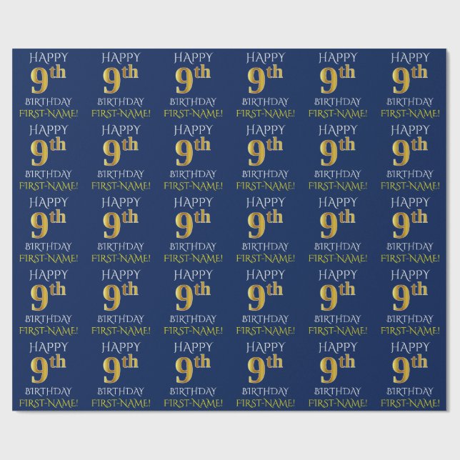 Papier Cadeau Bleu, Faux Or "HAPPY 9th BIRTHDAY" (Plat)