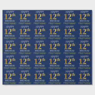 Papier Cadeau Bleu, Faux Or "HEUREUX 12ème anniversaire"