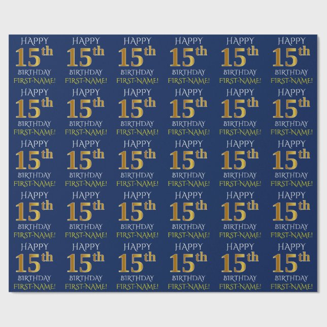 Papier Cadeau Bleu, Faux Or "HEUREUX 15ème anniversaire" (Plat)