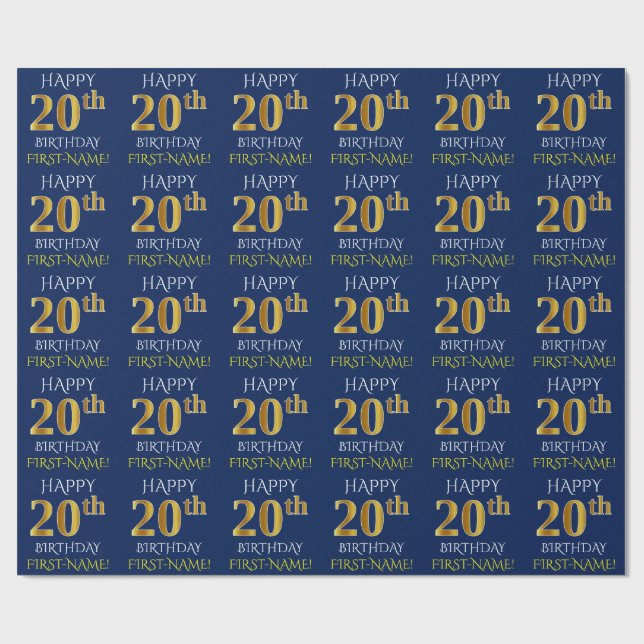 Papier Cadeau Bleu, Faux Or "HEUREUX 20e anniversaire" (Plat)