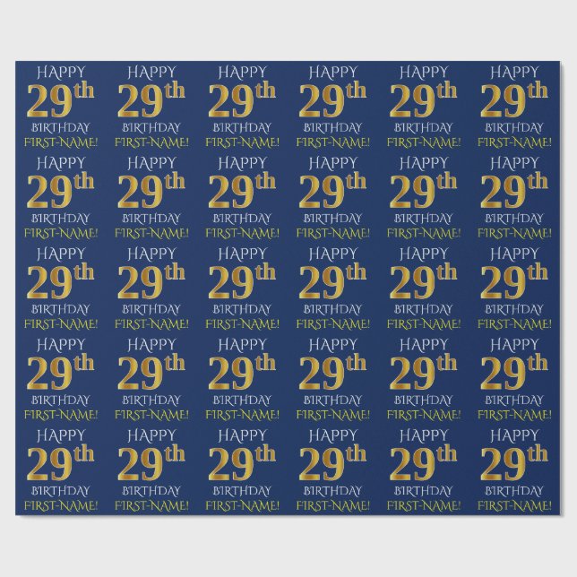 Papier Cadeau Bleu, Faux Or "HEUREUX 29ème anniversaire" (Plat)