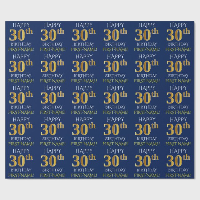 Papier Cadeau Bleu, Faux Or "HEUREUX 30ème anniversaire" (Plat)