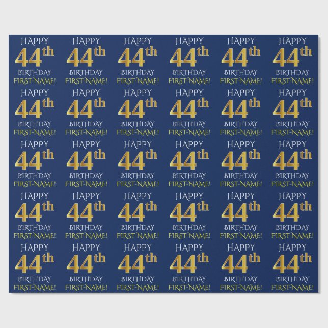 Papier Cadeau Bleu, Faux Or "HEUREUX 44ème anniversaire" (Plat)