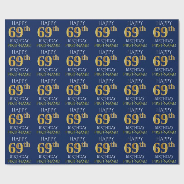Papier Cadeau Bleu, Faux Or "HEUREUX 69ème anniversaire" (Plat)