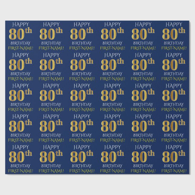 Papier Cadeau Bleu, Faux Or "HEUREUX 80e ANNIVERSAIRE" (Plat)