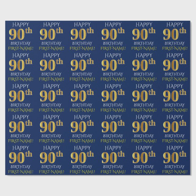Papier Cadeau Bleu, Faux Or "HEUREUX 90ème anniversaire" (Plat)