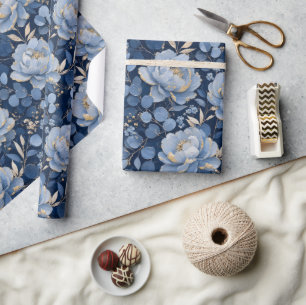 Papier Cadeau Bleu Floral Or Élégant