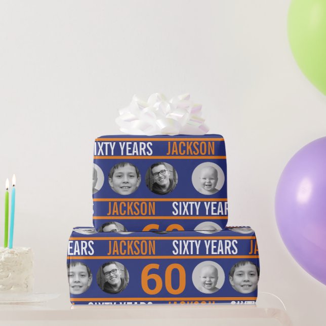 Papier Cadeau Bleu foncé orange 60e anniversaire photo (Cadeaux de fête)