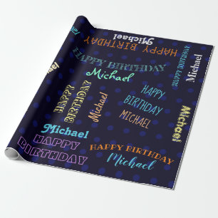 Papier Cadeau Bleu foncé pour hommes Nom d'anniversaire joyeux 