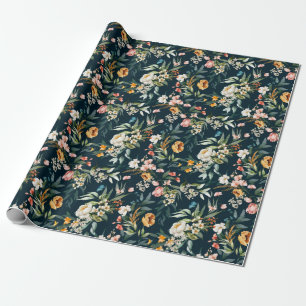 Papier Cadeau Bleu foncé Vintage Motif de fleurs de jardin