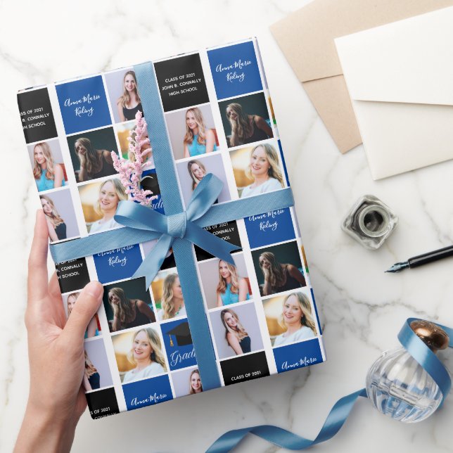 Papier Cadeau Bleu Graduation Photo Collage Classe de 2025 Grad (Cadeaux)
