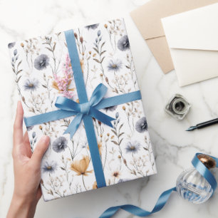Papier Cadeau Bleu Gris Beige Brown Blanc Fleurs Boho Anniversai
