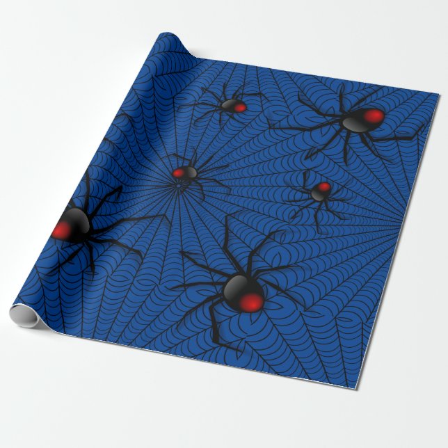 Papier Cadeau Bleu Halloween Malin noir veuve effrayant araignée (Déroulé)