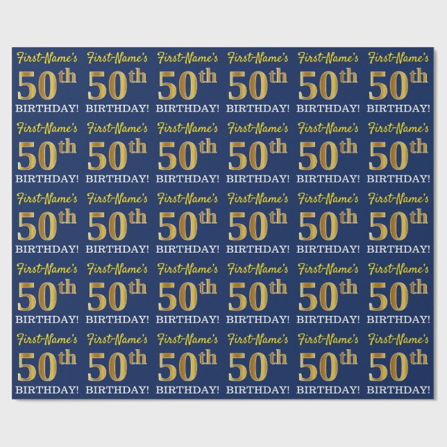 Papier Cadeau Bleu, Imitation Gold Look "50e anniversaire" (Plat)