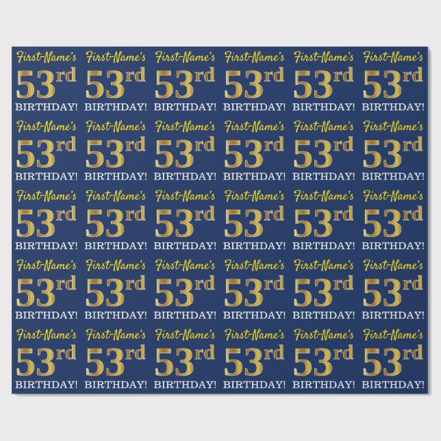 Papier Cadeau Bleu, Imitation Gold Look "53ème anniversaire" (Plat)