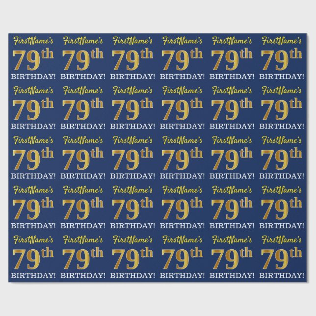 Papier Cadeau Bleu, Imitation Gold Look "79ème anniversaire" (Plat)