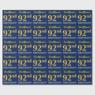 Papier Cadeau Bleu, Imitation Gold Look "92e anniversaire"