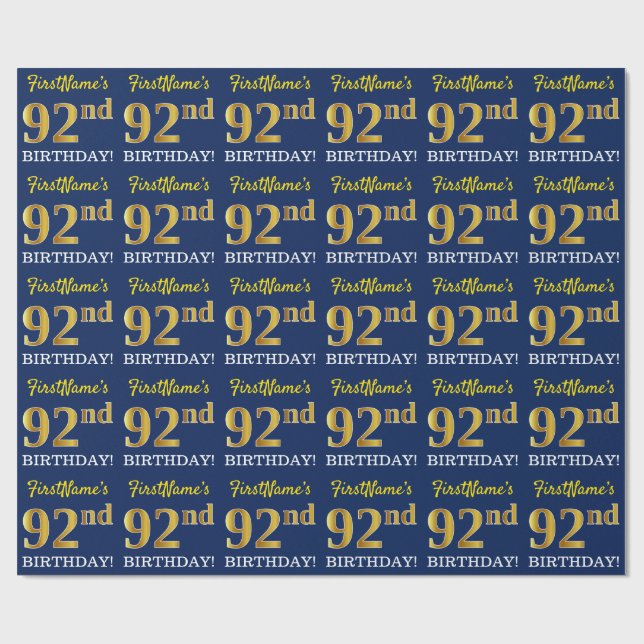 Papier Cadeau Bleu, Imitation Gold Look "92e anniversaire" (Plat)
