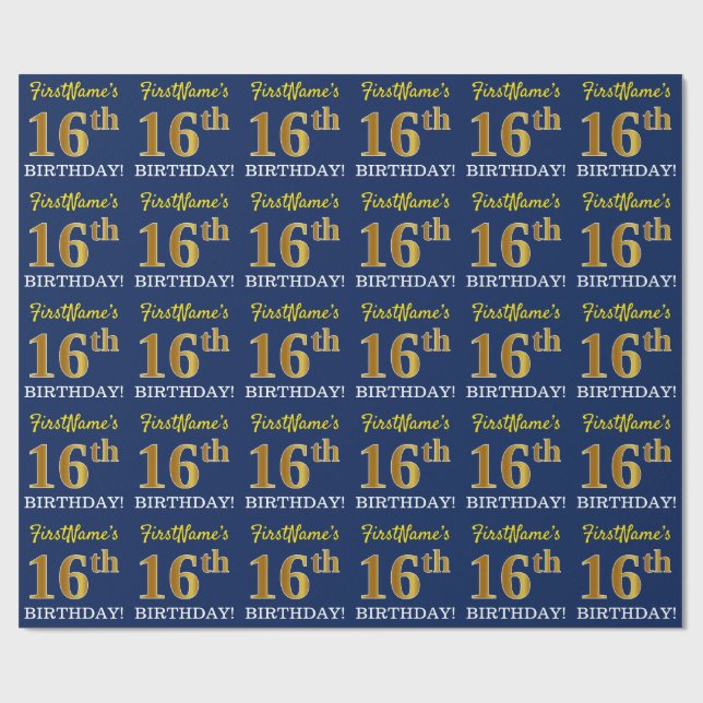 Papier Cadeau Bleu, Imitation or Look "16ème anniversaire" (Plat)