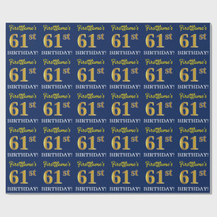 Papier Cadeau Bleu, Imitation Or Look "61ème anniversaire"