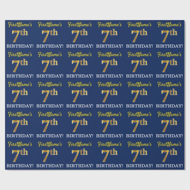 Papier Cadeau Bleu, Imitation or Look "7e anniversaire" (Plat)