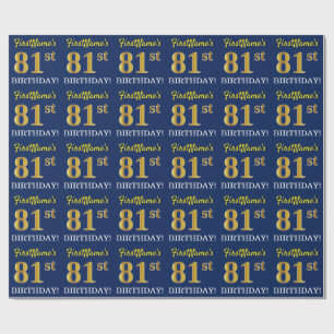Papier Cadeau Bleu, Imitation Or Look "81ème anniversaire"